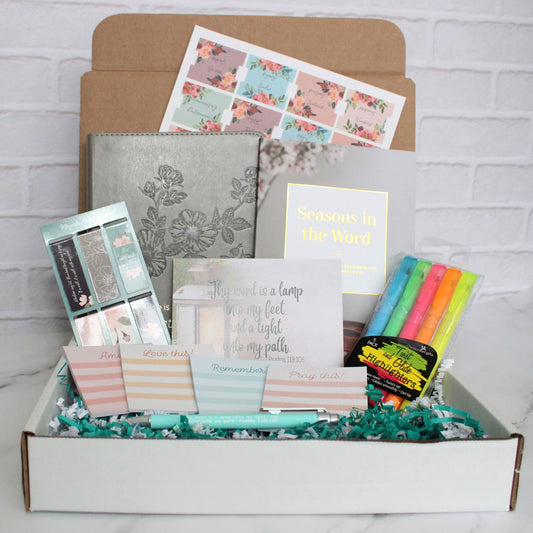 Floral Bible Study Box with highlighters, magnetic bookmarks, sticky notes, seasons in the word book, journal, bible tabs, scripture card