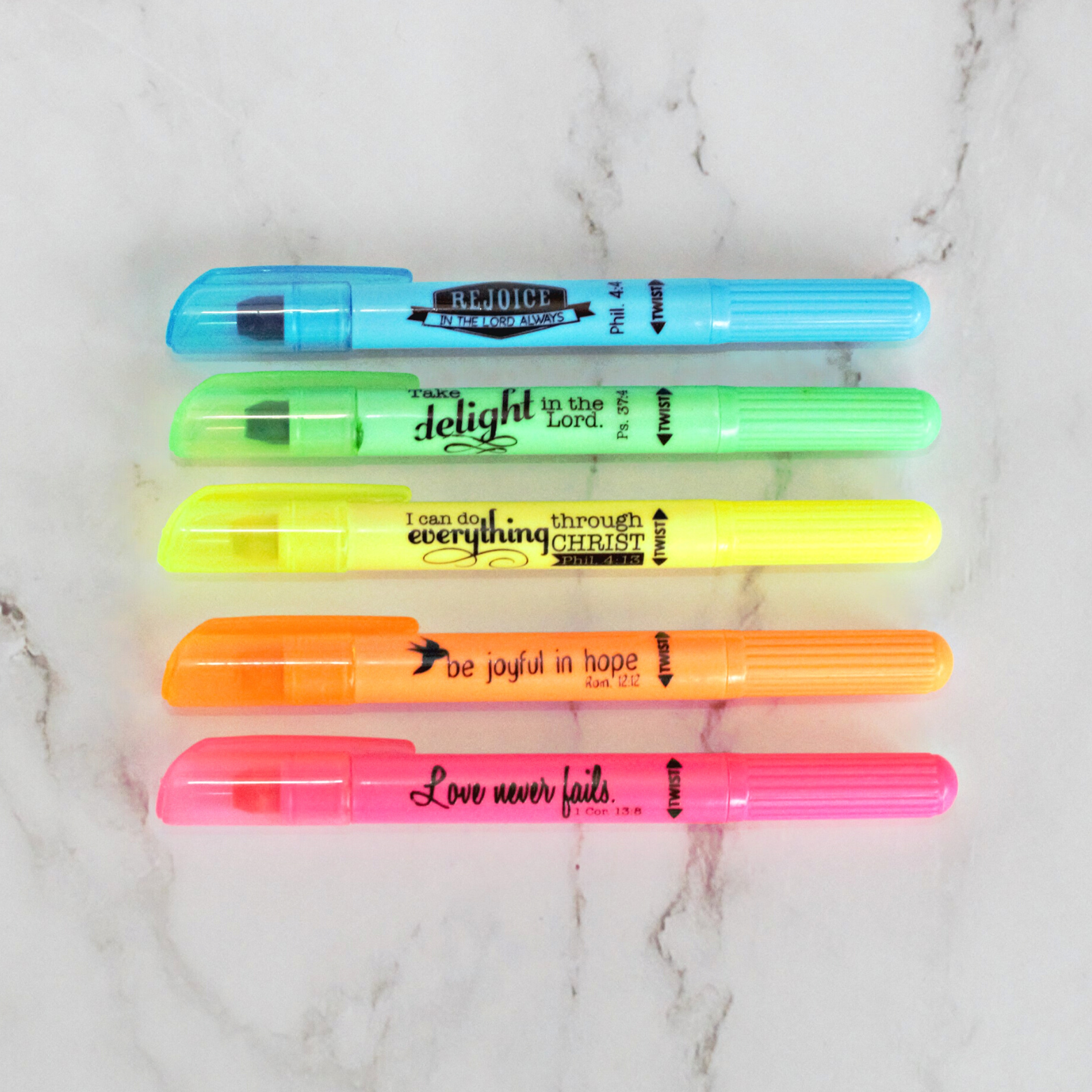 Set of 5 Bible highlighters with bible verses blue, green, yellow, orange, pink